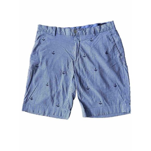 Polo Ralph Lauren Shorts 34 Blue White Seersucker Striped Anchor Preppy Chino - Picture 1 of 12